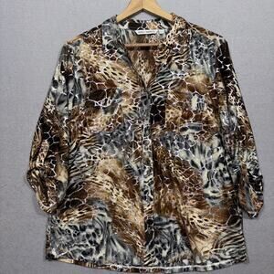 Emily Daniels Animal Print Top L Brown Metallic Silver Soft Glam Retro Statement